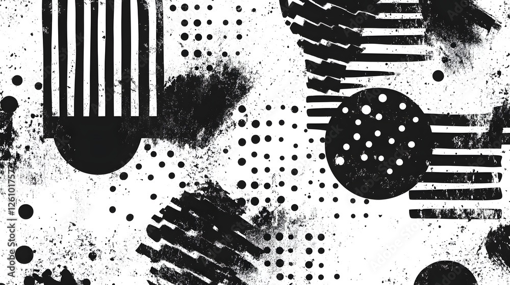 Poster Expressive Abstract Monochrome Grunge Texture Background with Splatter and Geometric Shapes  Dynamic Design Composition with Contrasting Black and White Elements Brushstrokes Dots
