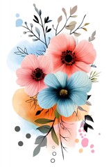Delicate watercolor illustration showcases blooming flowers in vibrant shades, blending seamlessly into a light background, ideal for invitations and decorative designs