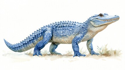 Naklejka premium Detailed Illustration of a Blue Crocodile Walking Across a Sandy Terrain in Natural Habitat