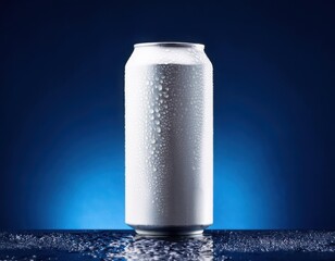 White soda can mockup, dark navy blue background with water glow effect