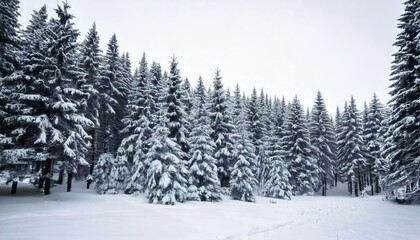 A breathtaking winter vista where a lush evergreen forest is enveloped in soft, untouched snow, evoking a sense of serenity and natural charm.