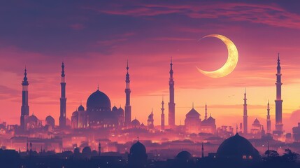 Fototapeta premium Digital Art of Crescent Moon Over Skyline of Mosques, Blending Futuristic Architecture with Traditional Elements