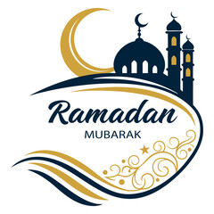 Ramadan greetings featuring a crescent moon, mosque, and elegant design elements in a culturally inspired style