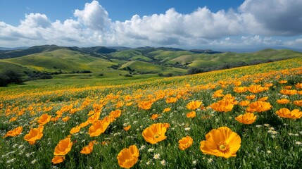 California poppies blooming in rolling hills under cloudy blue sky