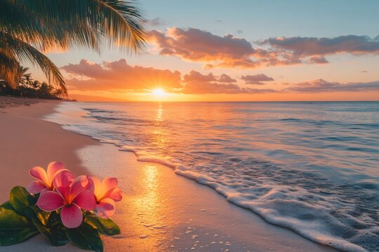 Tropical flowers resting on sandy beach during golden sunset