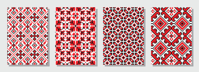 Vibrant red and white Ukrainian geometric patterns showcasing traditional textile designs from Eastern European culture