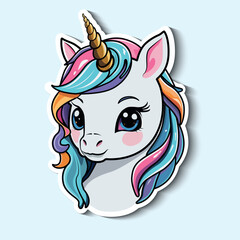 Colorful unicorn head with a golden horn and flowing rainbow mane