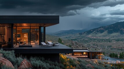 Modern mountain home deck sunset view