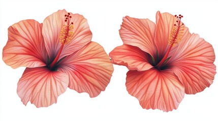 Obraz premium Pair of Lush Hibiscus Flowers with Vibrant Pink Petals Against a Clean White Background