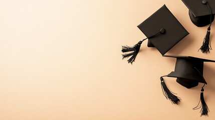 Three Black Graduation Caps on Beige Background