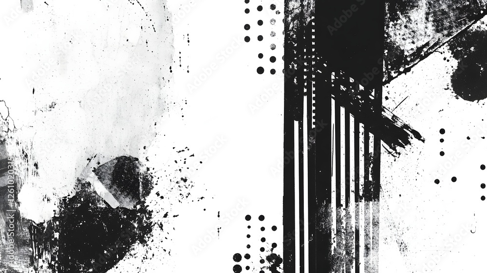 Poster Grungy abstract background with splashes blots and textures in bold black and white tones  The image has a moody dramatic and modern aesthetic creating a striking and unique visual composition