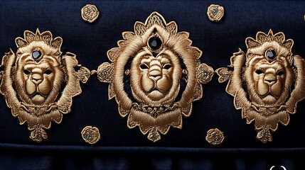 Gold Lion Embroidery Detail on Dark Fabric