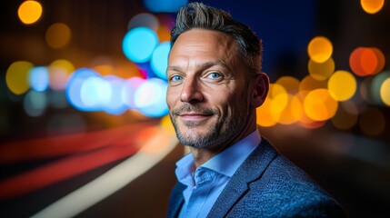 Obraz premium Confident executive portrait set against vibrant city lights backdrop