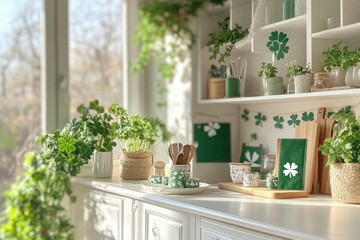 Minimalist White Kitchen Decorated for St. Patricks Day With Shamrock Accents and Green Textiles