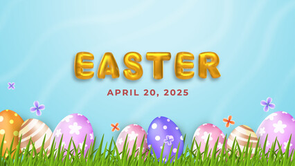 Happy Easter day concept with 3d cartoon style with eggs and flower.