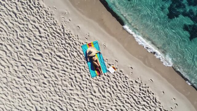 Top view of young woman in bikini and straw hat relaxing sunbathing on colorful towel on white sand beach with turquoise water gently lapping the shore in slow motion