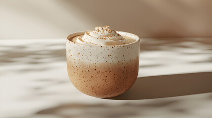 Creamy beverage topped with whipped cream and sprinkles, in a speckled ceramic cup on a minimal surface.