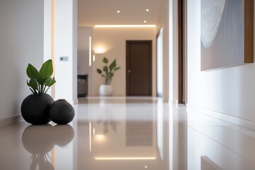 Stylish modern entrance hall captures essence of home design with sleek furnishings and vibrant greenery. Concept emphasizes modern entrance hall planning for contemporary living spaces