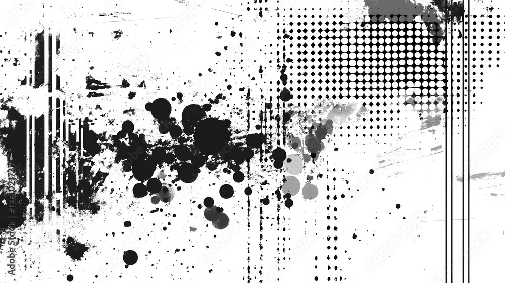 Poster Highly stylized and moody abstract background with layers of grunge textures ink splatters halftone patterns and geometric elements  This visually striking monochrome digital art piece has a dynamic