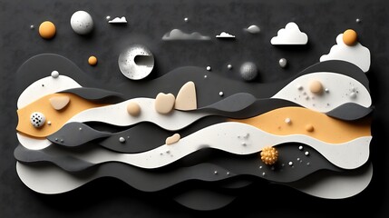 Abstract Wavy Landscape With Colorful Spheres and Clouds