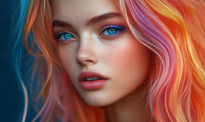 Fototapeta premium Beautiful punk supermodel with colorful long flowing