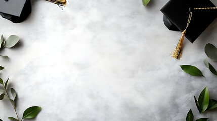 Graduation Caps and Greenery Frame Background