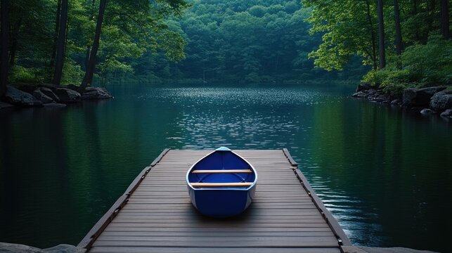 A peaceful blue boat sits on a wooden dock at a tranquil lake surrounded by lush green trees as dusk settles in