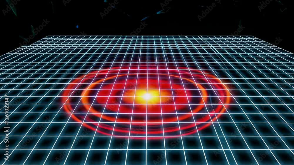 Aufkleber Seismic waves expanding from epicenter on digital grid in slow motion, creating concentric circles of red and orange light, simulating earthquake impact