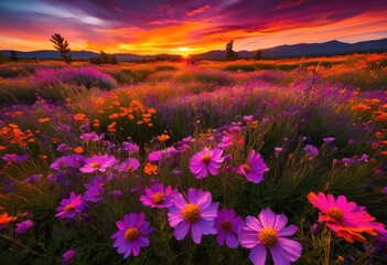 Obraz premium breathtaking sunset illuminating colorful wildflower field rich hues vibrant flora dusk, colors, landscape, sky, horizon, glow, bloom, twilight, petals, meadow
