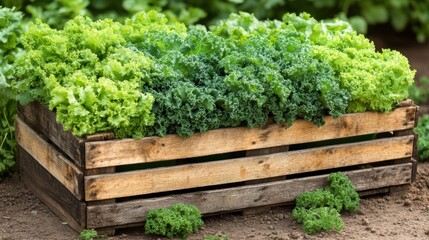 Vibrant Fresh Lettuce Varieties Growing in a Wooden Crate in an Organic Garden