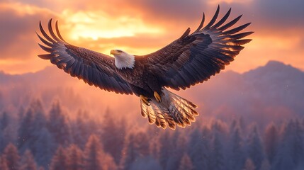 Majestic Eagle Soaring Above Mountain Range at Sunset &ndash; Generative AI