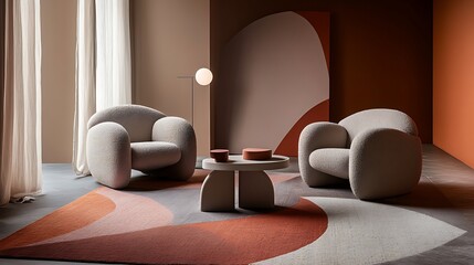 Modern Living Room with Two Plush Armchairs and Abstract Rug