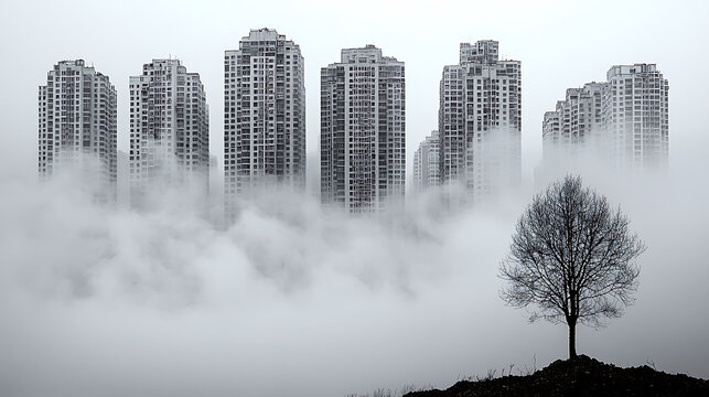 Dramatic black and white image of towering apartment buildings partially obscured by dense fog, with a lone, bare tree silhouetted in the foreground.