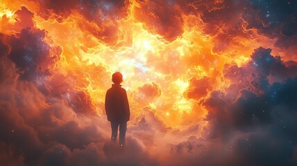 Fototapeta premium Silhouetted figure standing amidst vibrant, fiery clouds, evoking a sense of wonder and exploration in a surreal, dreamlike landscape.