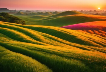 Fototapeta premium breathtaking view lush green fields bathed golden light under mesmerizing sunrise skies, agriculture, backdrop, beauty, bloom, dawn, earth, expanse, farm