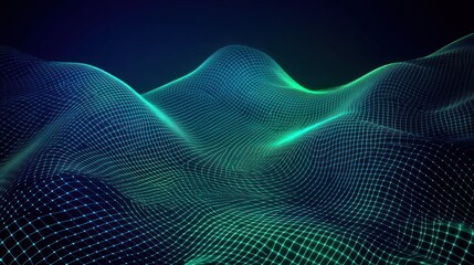 Abstract digital landscape, glowing waves, dark background, tech concept
