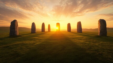 spring equinox sunrise, a stunning sunrise over an ancient stone circle, bathed in golden light, symbolizing the balance of day and night at the spring equinox