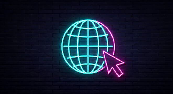 Neon sign inviting users to click and visit the website, glowing brightly against a dark background, generative ai - Powered by Adobe