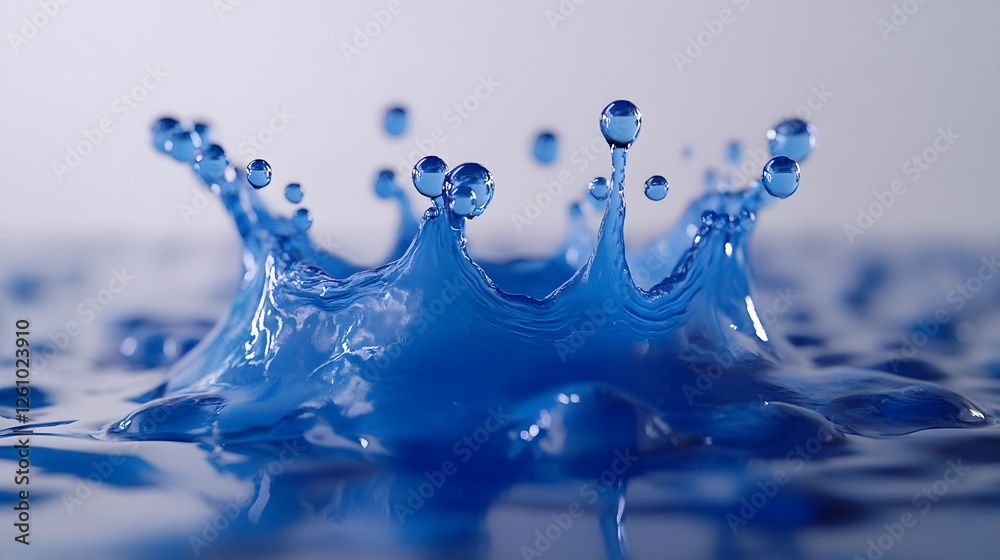 Poster Mesmerizing abstract image of a dynamic blue liquid splash forming a crown like shape with detailed droplets reflections and ripples on a wet surface
