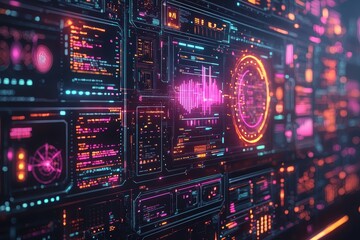 Fototapeta premium Futuristic tech startup ui showcase digital workspace graphic design virtual environment high-tech perspective