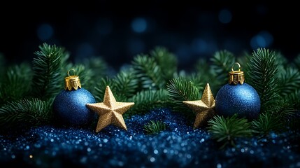 Festive Blue Ornaments And Gold Stars Nestled In Pine Branches