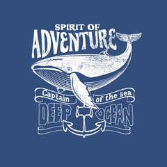 Fototapeta premium Spirit of Adventure deep ocean whale vector graphic print