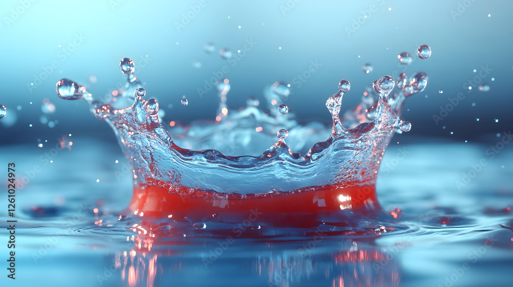 Poster photograph capturing the dynamic motion and vibrant colors of water droplets splashing on a wet surface creating an abstract and visually captivating scene