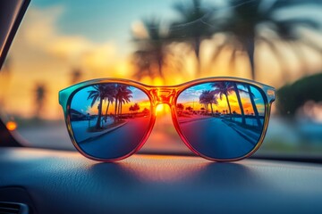 Sunglasses reflecting tropical sunset and palm trees on car dashboard