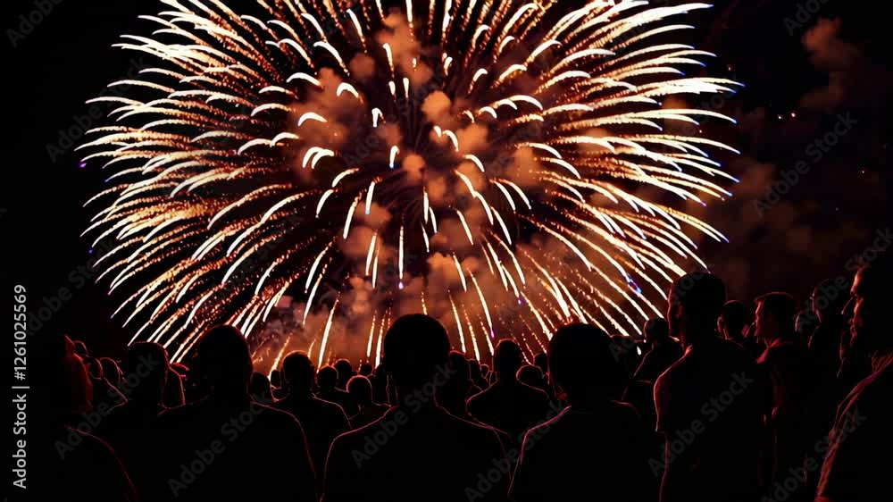 Poster silhouetted spectators watching vibrant fireworks illuminating dark night sky, colorful pyrotechnic 