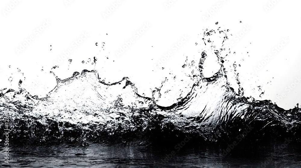 Poster Powerful and dynamic splash of water captured in stunning black and white  The image showcases the fluid motion energy and chaotic beauty of water in motion creating an abstract and visual experience