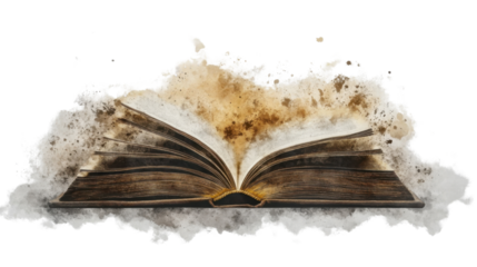 Open ancient book releasing magic dust on transparent background