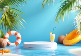Tropical Summer Display Podium with Palm Trees and Drink