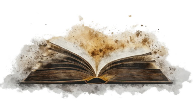 Open ancient book releasing magic dust on transparent background