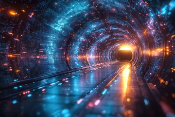Fototapeta premium Futuristic neon tunnel experience virtual reality digital art high-tech environment perspective glowing vibes